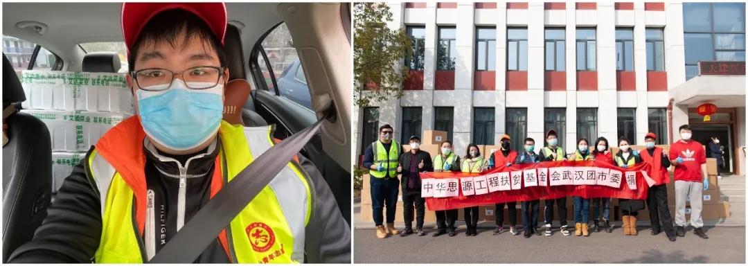 左图：10辆轿车后座和后备箱堆满了菜，出发送给社区；右图：各位志愿者协助接收消毒防护物资